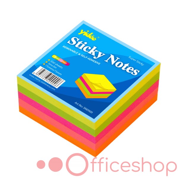Hârtie pentru notițe cu strat adeziv Yidoo, 300 file 75x75mm, mix de culori neon, SN0900